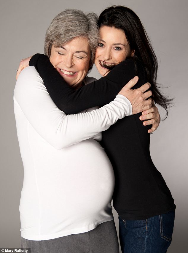 Grandmothers gift: Kristine Casey (left) poses with her daughter Sara Connell (right) during their surrogate pregnancy of Mrs Connell's baby boy