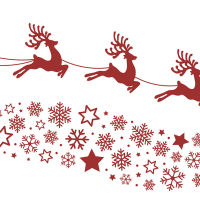 santa sleigh reindeer flying snowflakes red silhouette