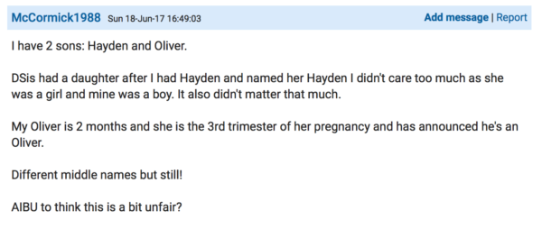 Post on Mumsnet about duplicate baby names