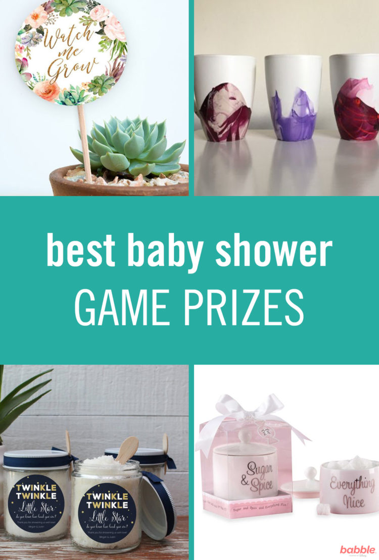 Four baby shower game prizes, including DIY coffee mugs, sugar scrup, and more.